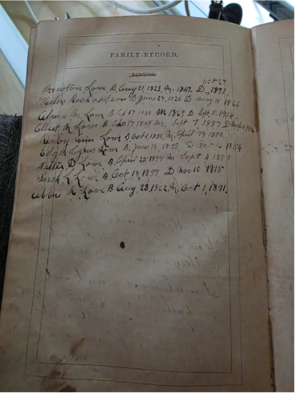 1854 Holy Bible Family Records LOWE DAMON Genealogy Pre Civil War Antique Book